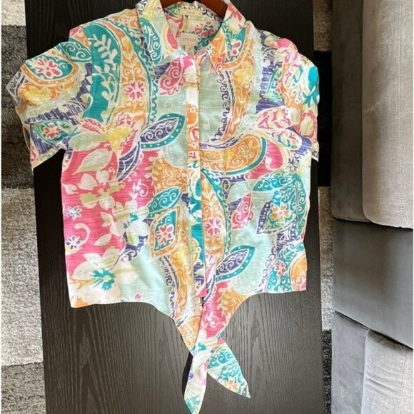 CHICO'S Top Floral Button Up Tie Front 3/4 Sleeve 100% Cotton - Picture 2 of 10